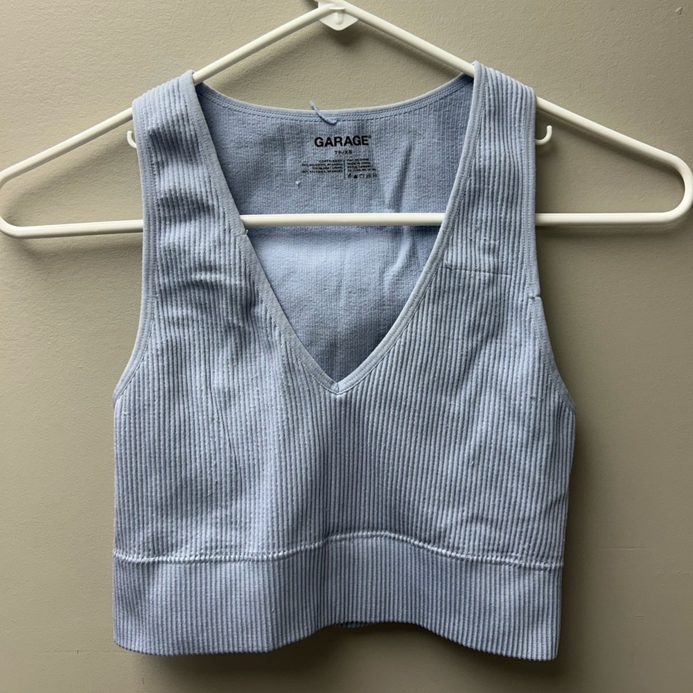 Garage Women’s Blue Ribbed V Neck Cropped‎ Top
